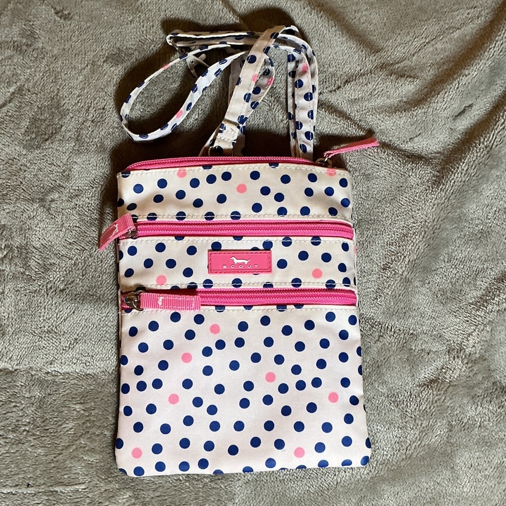 Scout Crossbody Bag in White with Navy and Pink Polka Dots